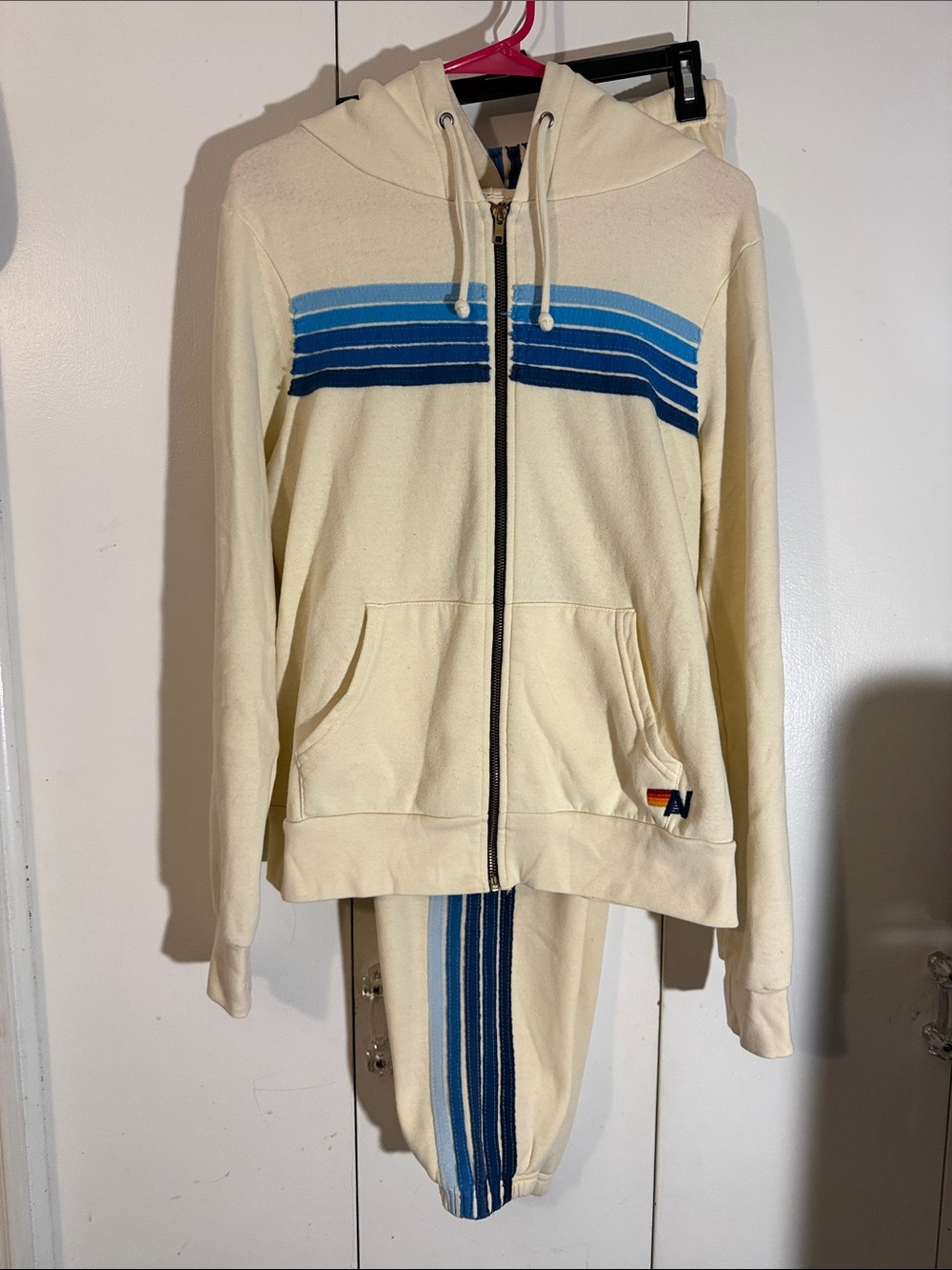 Aviator Nation Cream Zip-Up Set with Blue Stripes